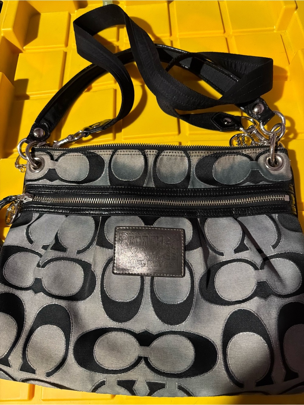 Coach Signature Jacquard Crossbody Bag in Black and Gray — dye ran